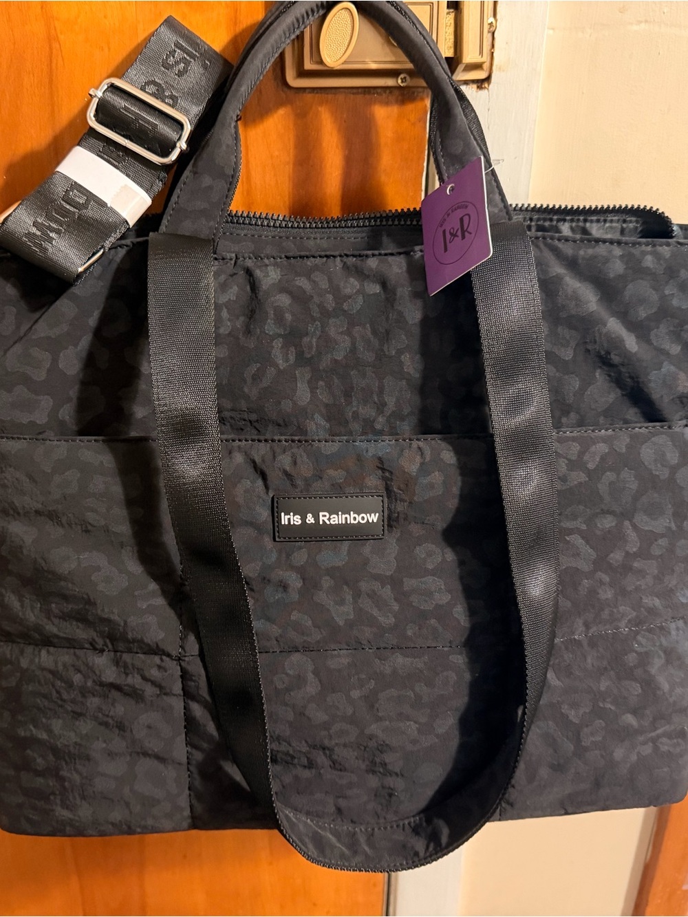 Iris & Rainbow Large Black Quilted Laptop Tote Bag in Black Panther